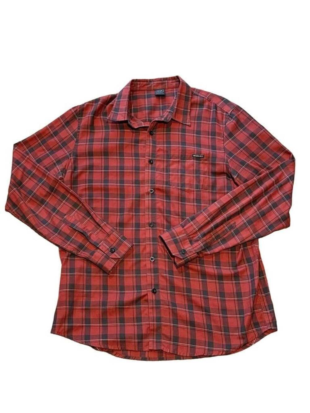 Oakley Mens Long Sleeve Plaid Button Up Shirt Dark Red Black Size Large